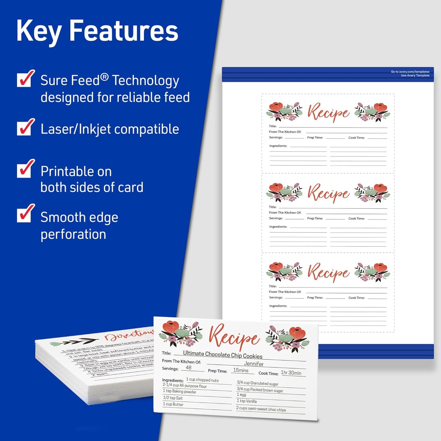 Avery Printable Index Cards, Sure Feed Technology, 3" x 5", Matte White, Laser & Inkjet Compatible, 150 Blank Cards Total, Great for Product Branding, Marketing, and More (5388)