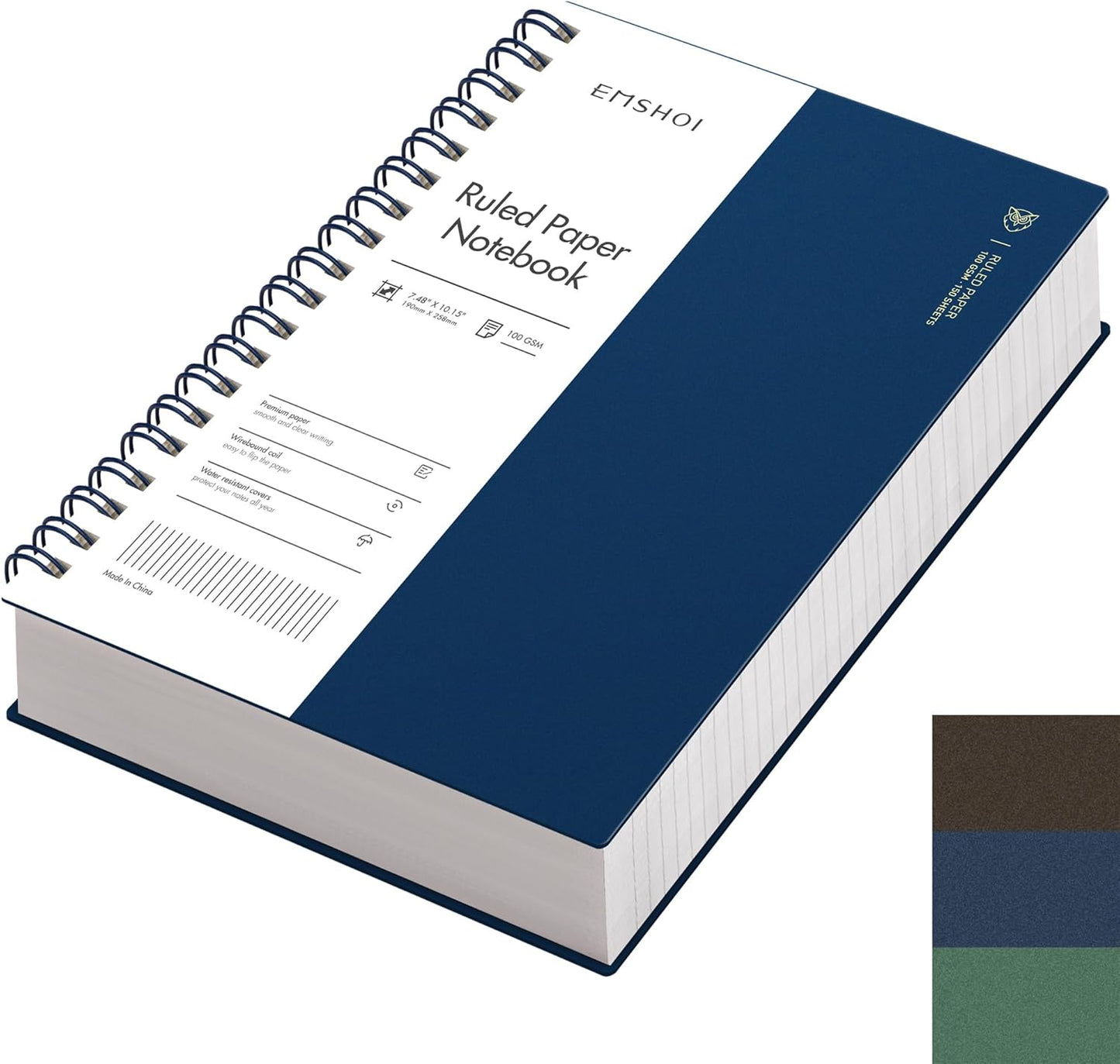 EMSHOI A5 Spiral Notebook College Ruled Lined Journal, Small 5.7" X 8.22", 300 Pages/150 Sheets, 100gsm Thick Paper, Waterproof Hardcover, for Office School Women Men Work Writing Notes, Blue