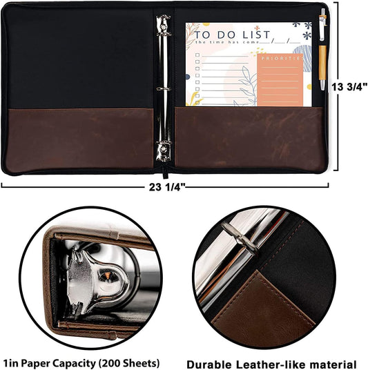 Ring Binder Depot Faulkner Vintage Professional 3 Ring Zipper Binder Organizer, 1.5 Inch Round Rings, 8.5 x 11 Sheet Size, 2 Inner Pockets, 1.6 Spine, Appearance of Antique Brown Leather, Pen Included