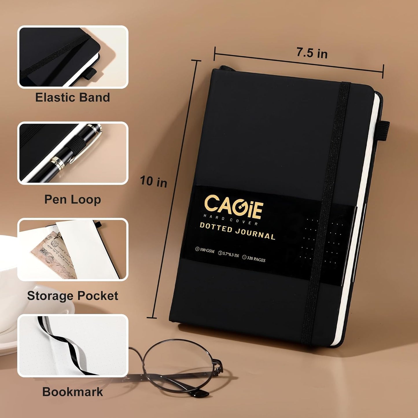 CAGIE Bullet Dotted Journal Notebook 320 Pages 100 GSM Paper Hardcover A5 Dot Grid Notebook Leather Journals for Writing Women Men Work Journaling, Green
