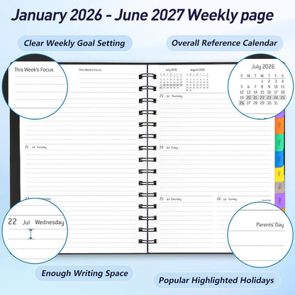 Daily Planner 2026-2027, 18-Month Weekly and Monthly Calendar Planner, January 2026 - June 2027, Planning Agenda Book with Laminated Tabs, Flexible Cover, 100GSM Thick Paper, A5 Size,Black