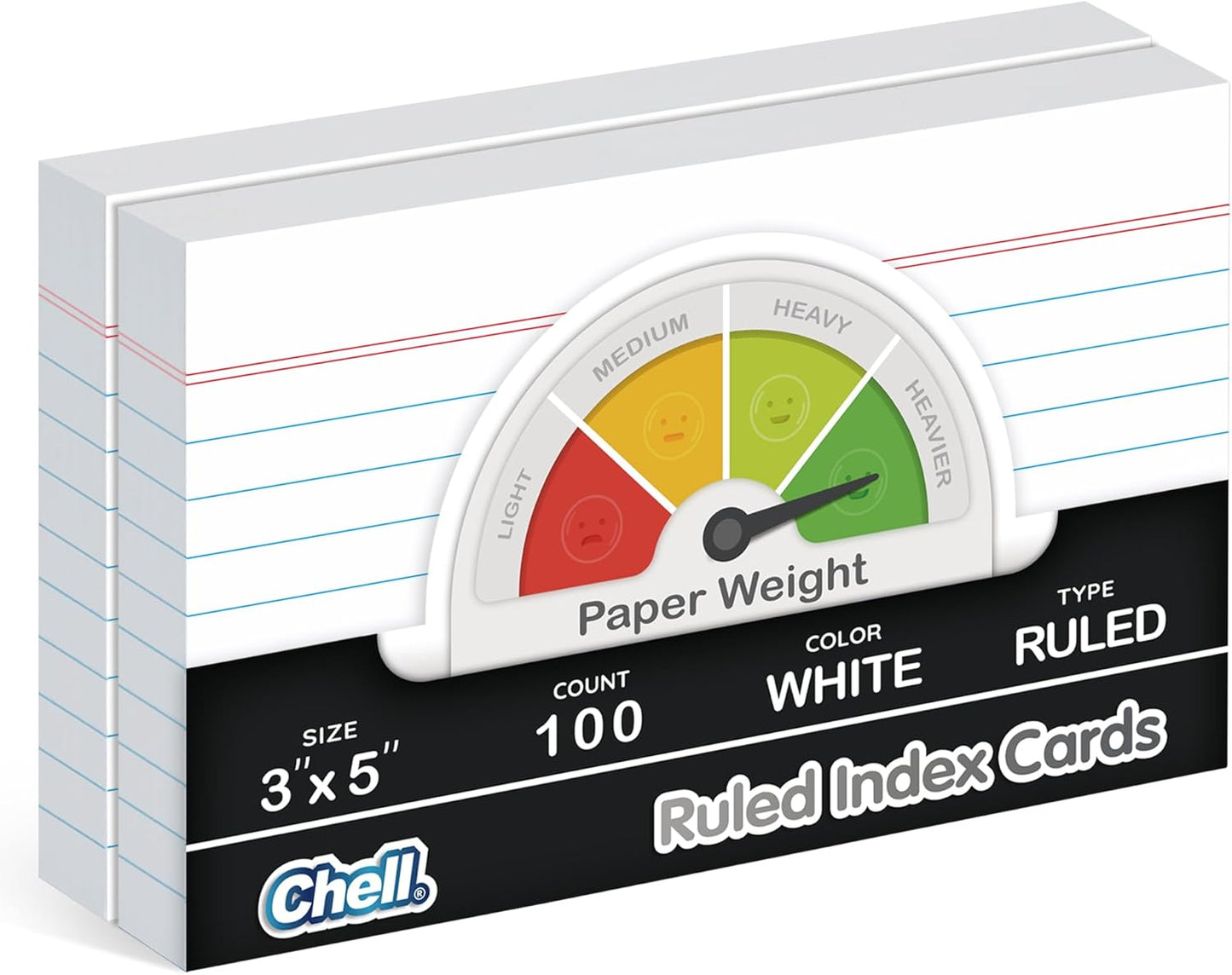 Chell Extra Heavyweight Index Cards 3x5 Inch, No Bleed-Through, 100 Count, Ruled Front and Blank Back, 80 lb. Cover Weight, Pastel Colors