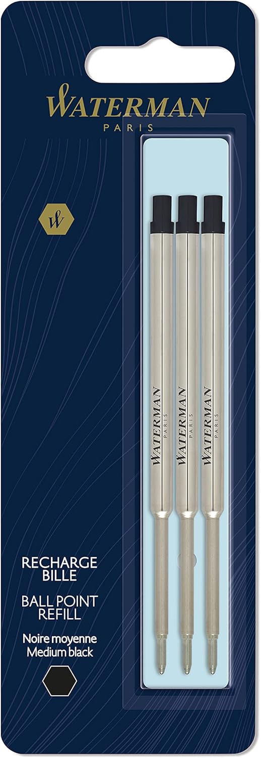 Waterman Ballpoint Pen Refill, Medium Point, Blue Ink, 3 Count