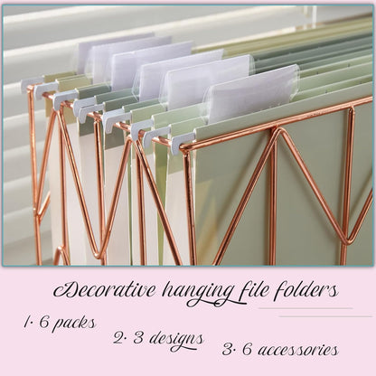 6 Pack Hanging Folder File Cabinet Organizer Letter Size 1/5 Cut Adjustable Label Decoration Home Office School Classroom, Green