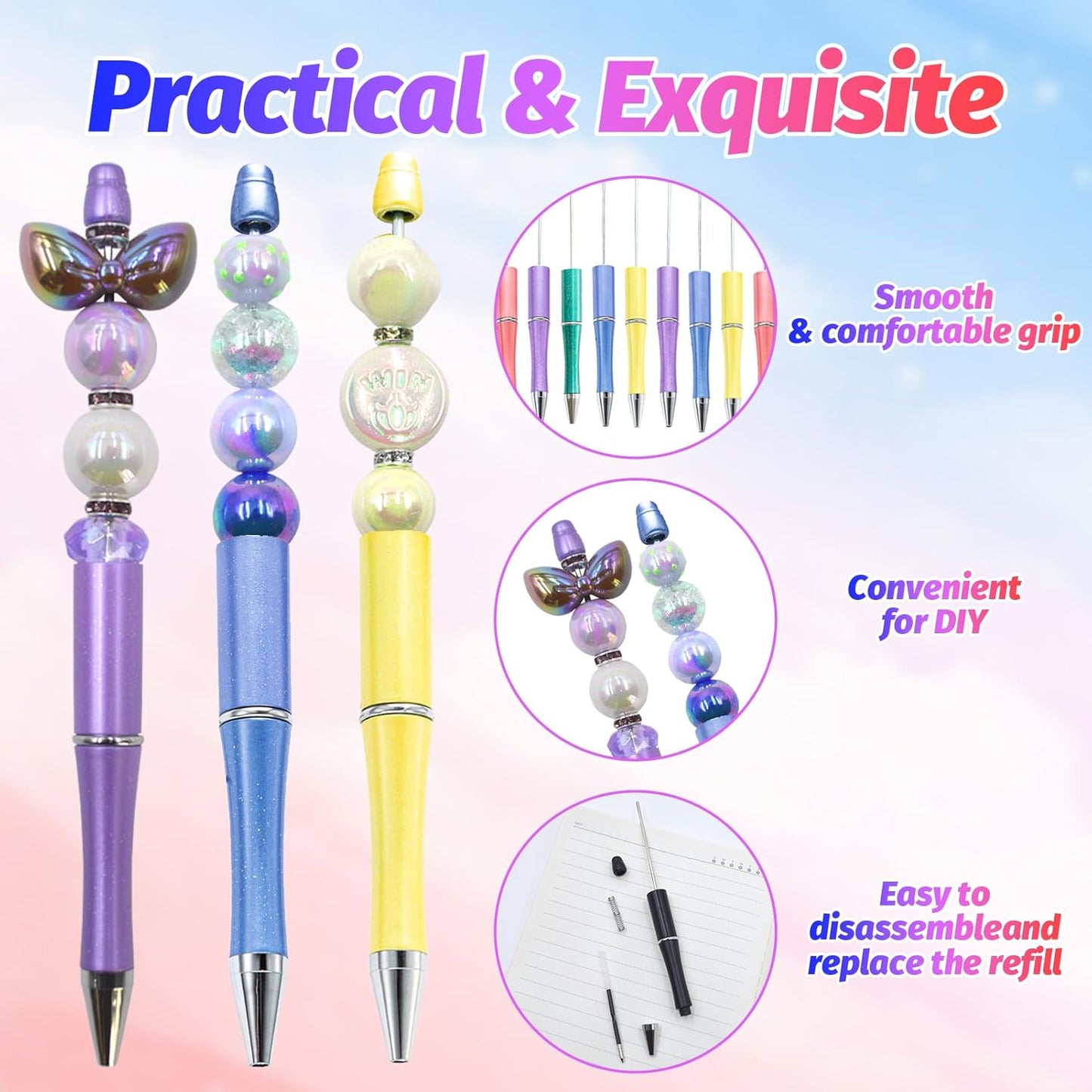 150 Pieces DIY Beadable Pen Kit – 50 Plastic Ballpoint Pens with Refills & Bags, Beads Not Included – School Supplies, Office Accessories & Craft Gifts for Students & Teachers (Multicolor)