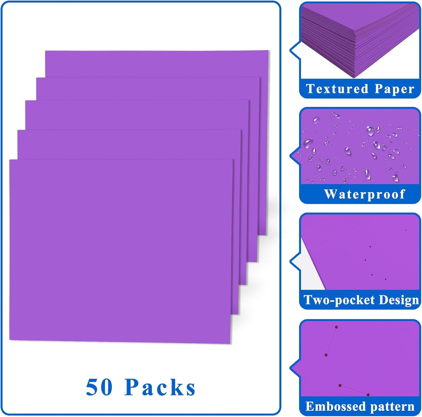 Zzrywuty 50 Packs Two Pocket File Folders with Business Card Slot,Textured Paper,Letter Size,Holds 100 Plus Sheets for School,Office,Business,Royal Blue