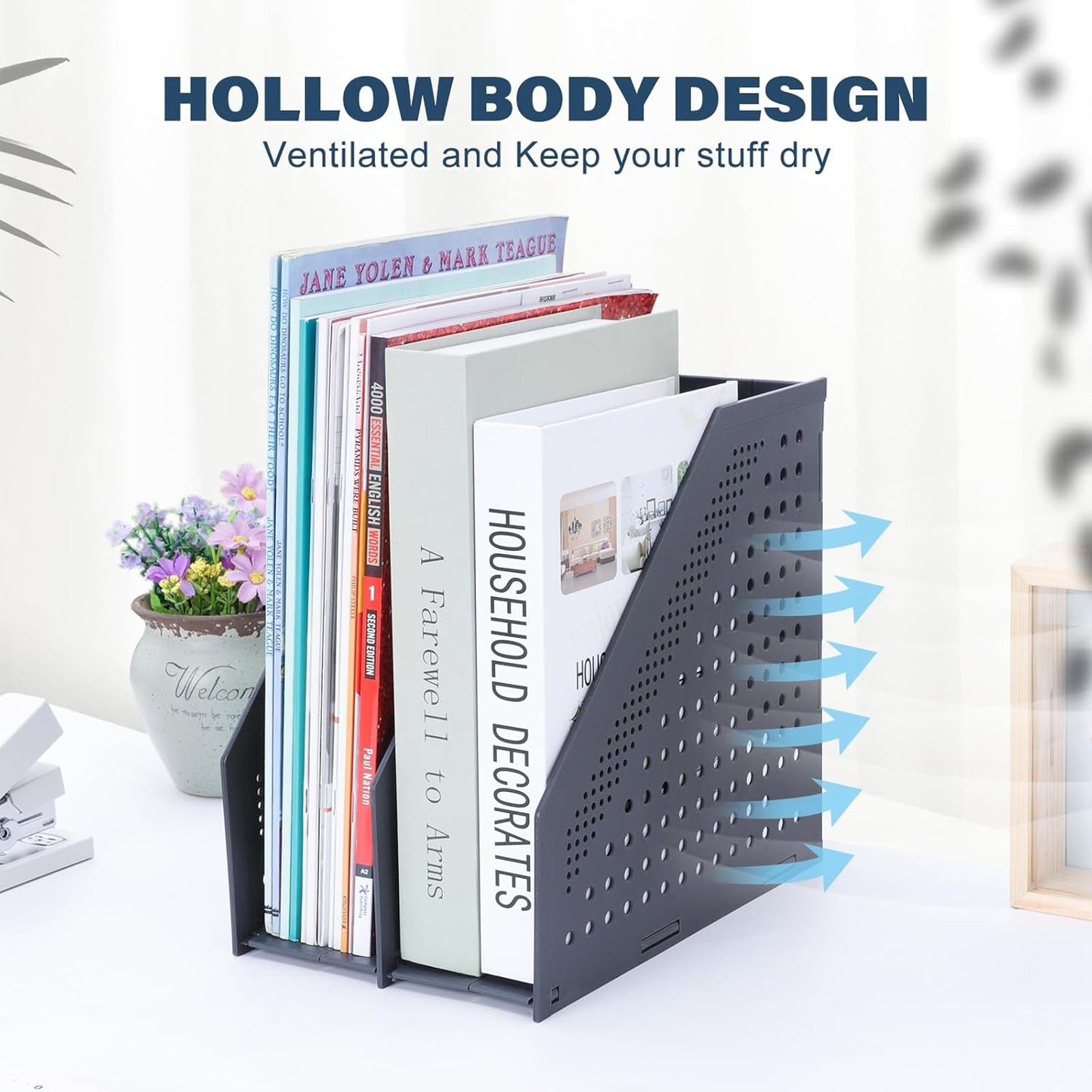 FRETONBA Collapsible Magazine File Holder with 2 Vertical Compartments Foldable Binder Holder for Desk Binder Storage Organizer Plastic Magazine Holders for Shelf, Light Gray