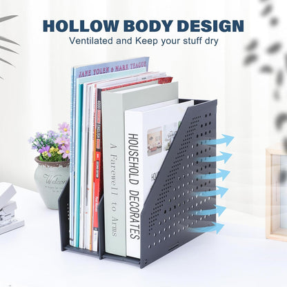 FRETONBA Collapsible Magazine File Holder with 2 Vertical Compartments Foldable Binder Holder for Desk Binder Storage Organizer Plastic Magazine Holders for Shelf, Light Gray