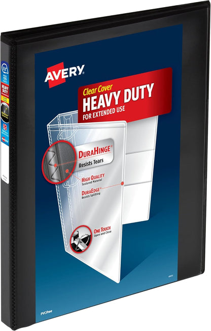 Avery Heavy-Duty View 3 Ring Binder, 1" One Touch Slant Rings, Holds 8.5" x 11" Paper, 1 Black Binder (05300)
