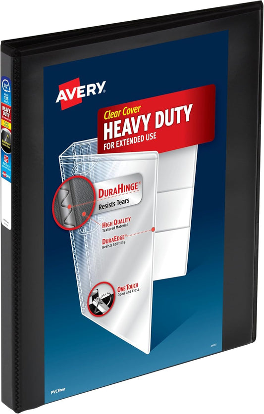 Avery Heavy-Duty View 3 Ring Binder, 1" One Touch Slant Rings, Holds 8.5" x 11" Paper, 1 Black Binder (05300)