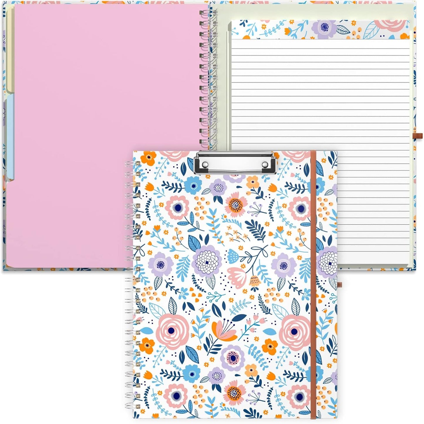 Rimilak Spiral Clipboards Folio with Refillable Lined Notepad, 14.5 x 9.8 In, Hardcover Cover with 5 Interior Pockets, Elastic Band and Pen Loop Series. Cute Stylish Clipfolio, Daisy Flower