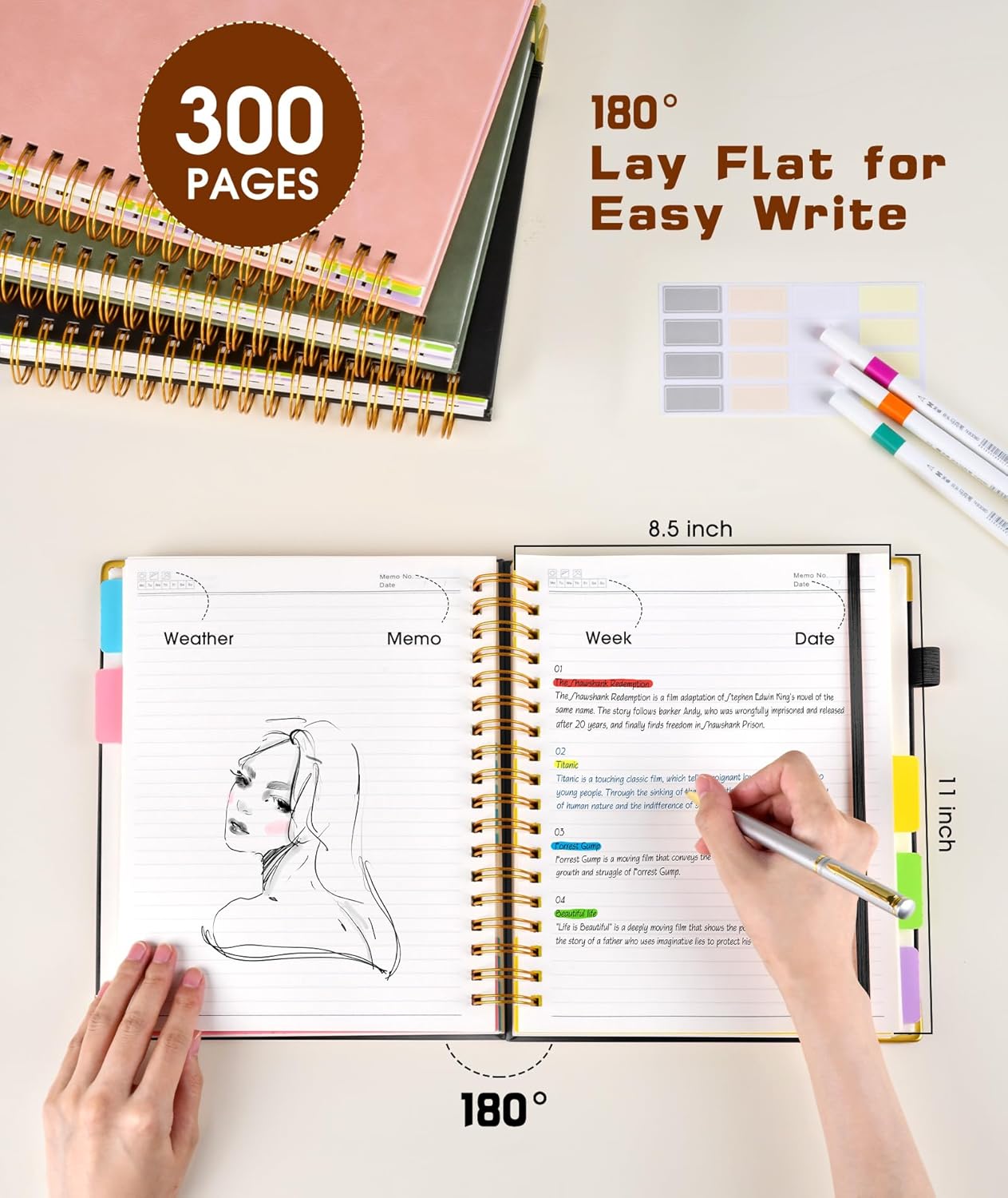Hardcover Spiral Notebook Journal with Removable Dividers Tabs, 300 Pages Leather 5 Subject Notebook College Ruled, 8"x10" Large B5 Notebooks for Work School Note taking, Lined Journal for Women, Pink