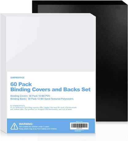 60 Pack Binding Covers and Backs Set, 8.5 x 11 Inches, 30P Clear PVC Covers (8 Mil), 30P Black Sand-Textured Polycovers (12 Mil)，Presentation Covers for Binding, Letter Size