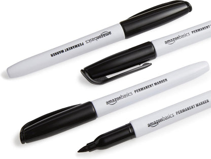 Amazon Basics Fine Tip Permanent Markers for Writing, Drawing, Quick Drying, Office, School, and Home Use, Black, 24 Pack