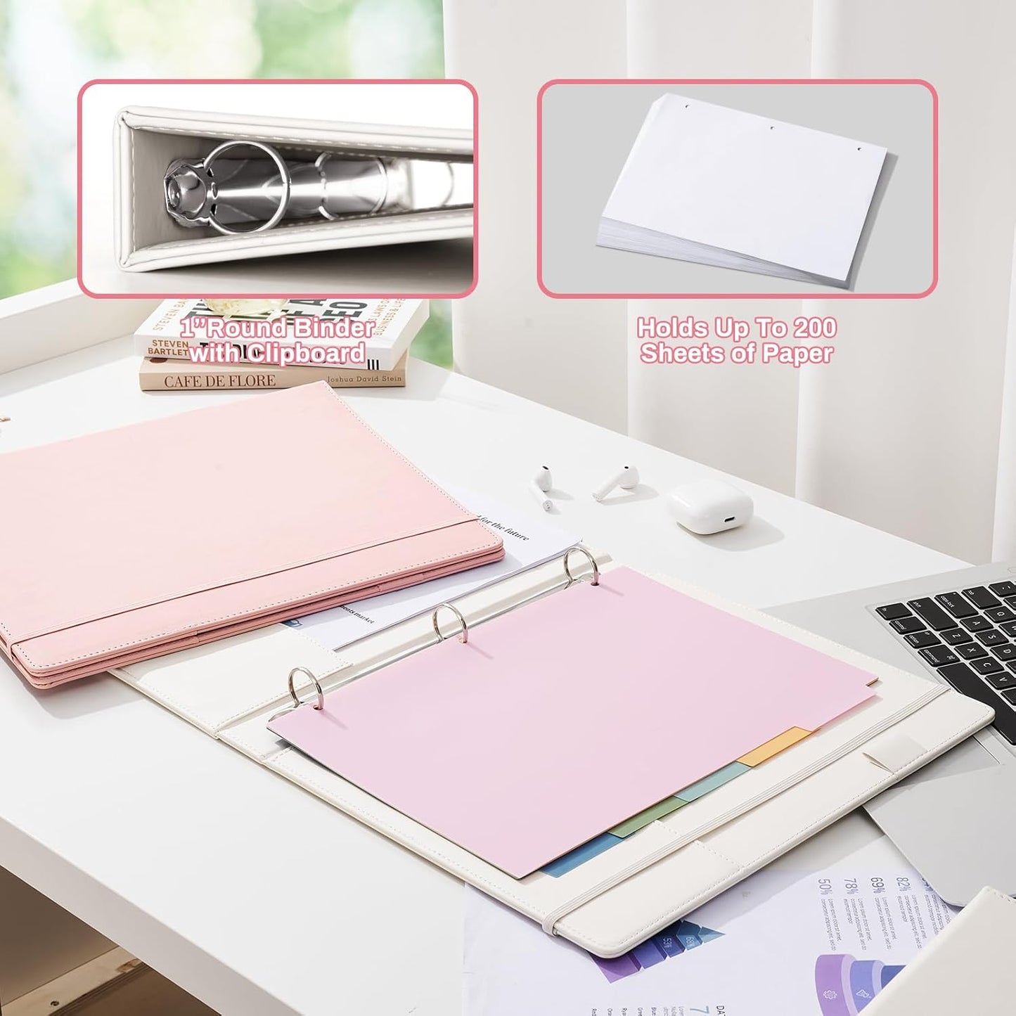 Aesthetic 3 Ring Binder 1 Inch Cute Three Round Rings Binders with Dividers Suitable for 8.5 x 11 Letter Size Paper Loose Leaf Binder with 2 Pockets for School Work