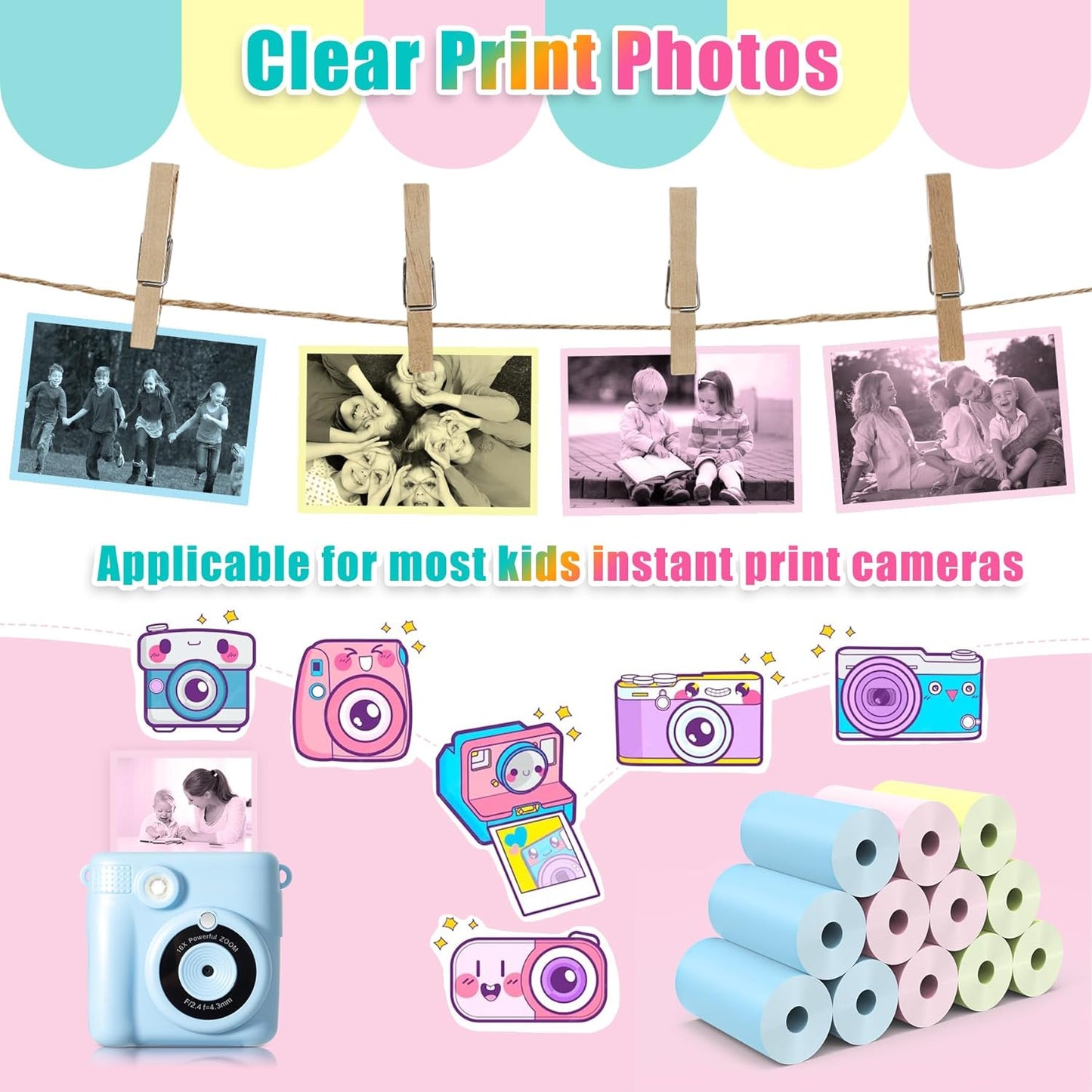 12 Rolls Instant Print Camera for Kids Refill Print Paper - Hikkon Thermal Print Paper Rolls Photo Print HD Printing for Most Kids Instant Camera - Paper Only(White-12)