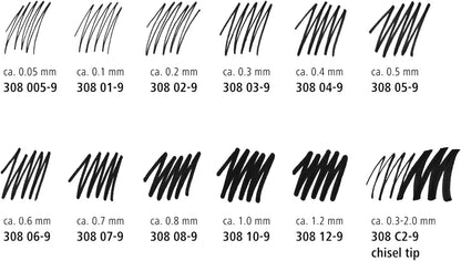 Staedtler Pigment Liner Pack, Black, 8 Pens, Assorted Line Widths, 0.05mm, 0.1mm, 0.2mm, 0.3mm, 0.5mm, 0.8mm, 1.0mm, 1.2mm
