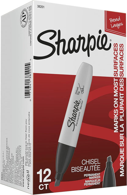 Sharpie Permanent Markers, Chisel Tip, Black, 12 Count - Home, School, Office Supplies