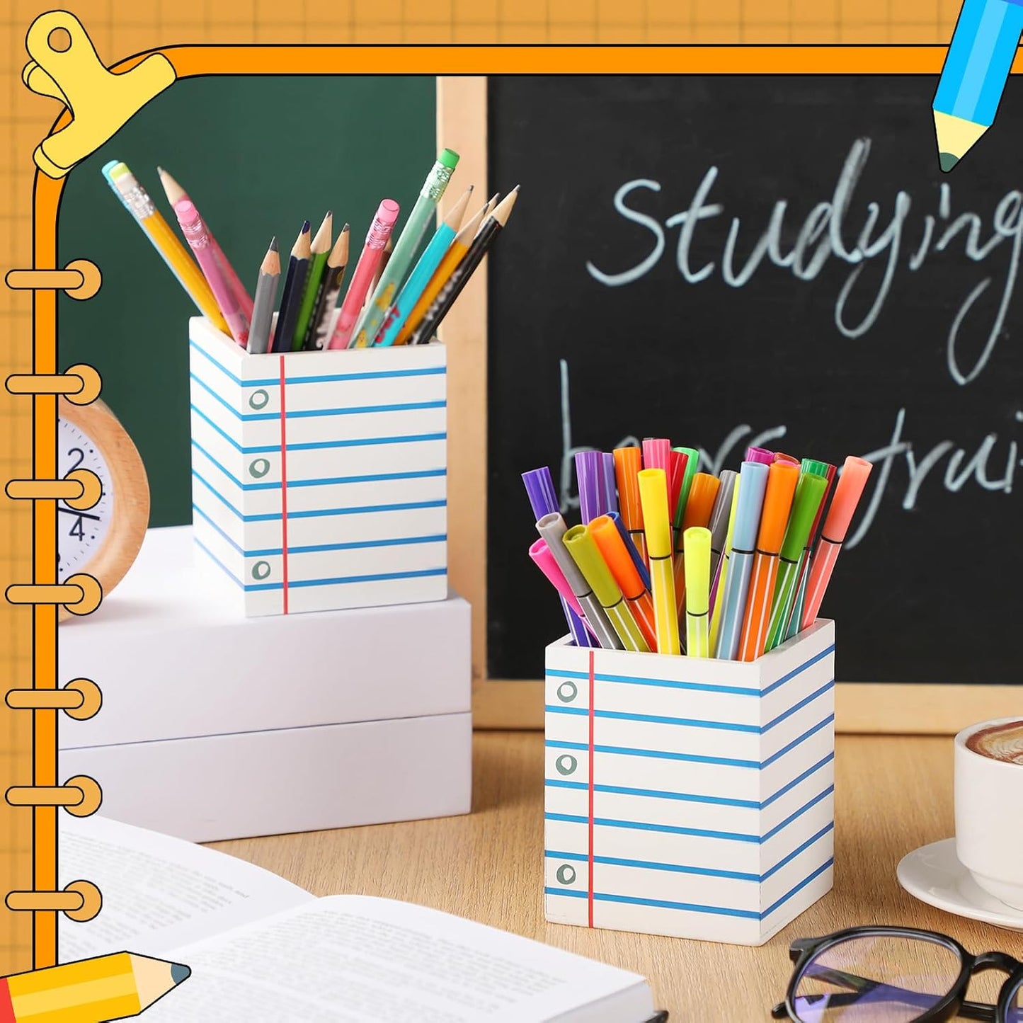 Sherr 2 Pcs Wood Pencil Holder for Teacher Pen Holders Teacher Appreciation Gifts Back to School Organizer Pencils Cup Wooden Dispenser Storage Organizer for Classroom Office Desk