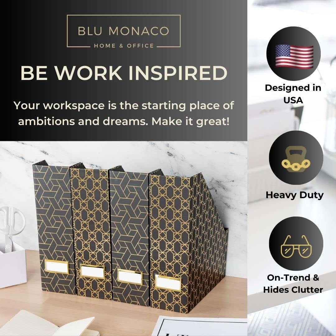 BLU MONACO | Cardboard Magazine File Holder Set of 4 | Vertical Magazine File Holder for Desk and Shelves | Standing File Holder for Classroom School Paper Storage