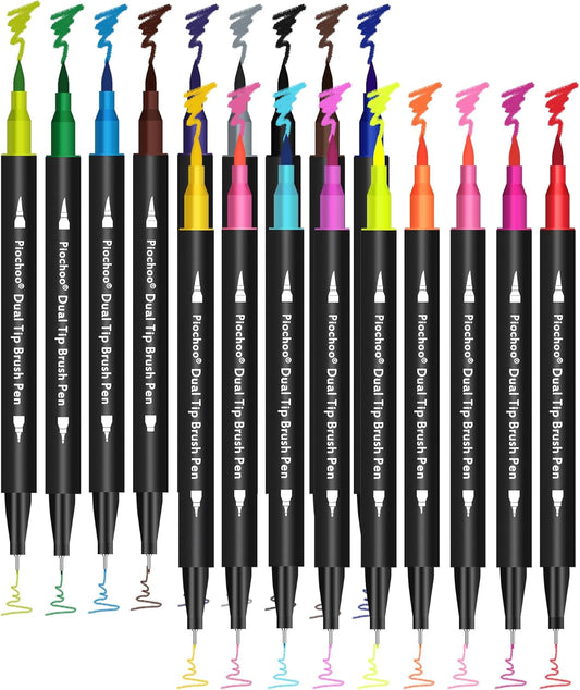 Piochoo 18 Colors Dual Tip Markers, Fine Point & Brush Tip for Adult Coloring Books, No Bleeding, Art Supplies