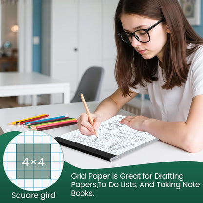 Graph Paper 8.5 X 11, 2 Pack, 4x4 Quad Ruled, Grid Paper Pad 8-1/2" X 11.75", Grid Pad 8.5 X 11.75, Engineering Notebook, Easy Tears Off, White 70 Gsm Graft Paper
