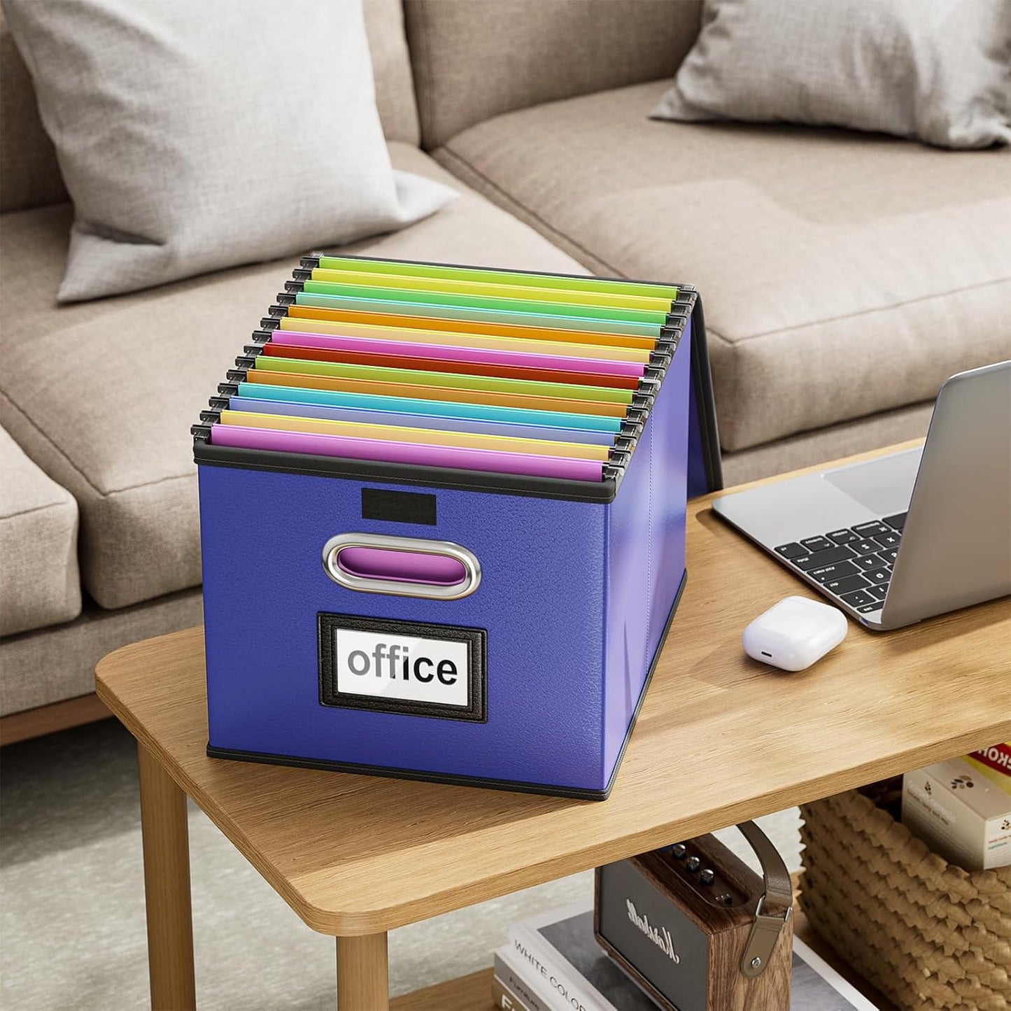 Huolewa Upgraded Portable File Organizer Box with Lid, Collapsible Linen Hanging Filing Storage Boxes with Plastic Slides, Decorative Home/Office Filing System Box for File and Folders Storage (Gray)