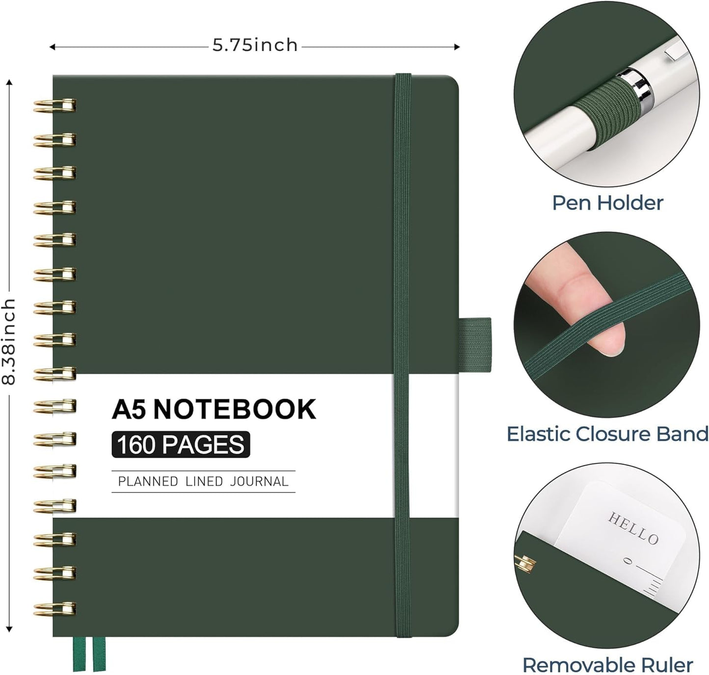 AHGXG Spiral Journal Notebook, 160 Lined Pages, A5 Medium Size (5.7'' x 8.3''), for Men & Women, Journaling, Writing, Work & Office, Hardcover, 100 GSM Thick Paper (Light Green)