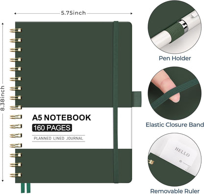 AHGXG Spiral Journal Notebook, 160 Lined Pages, A5 Medium Size (5.7'' x 8.3''), for Men & Women, Journaling, Writing, Work & Office, Hardcover, 100 GSM Thick Paper (Light Green)