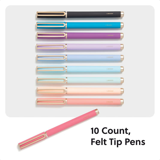 U Brands 10-Count Catalina Felt Tip Flair Pens, Medium 0.7mm Point, Assorted Bright Colored Ink Colors, Fine Point Felt Tip Markers, Soft Touch Flair-Style Pens for Writing and Drawing