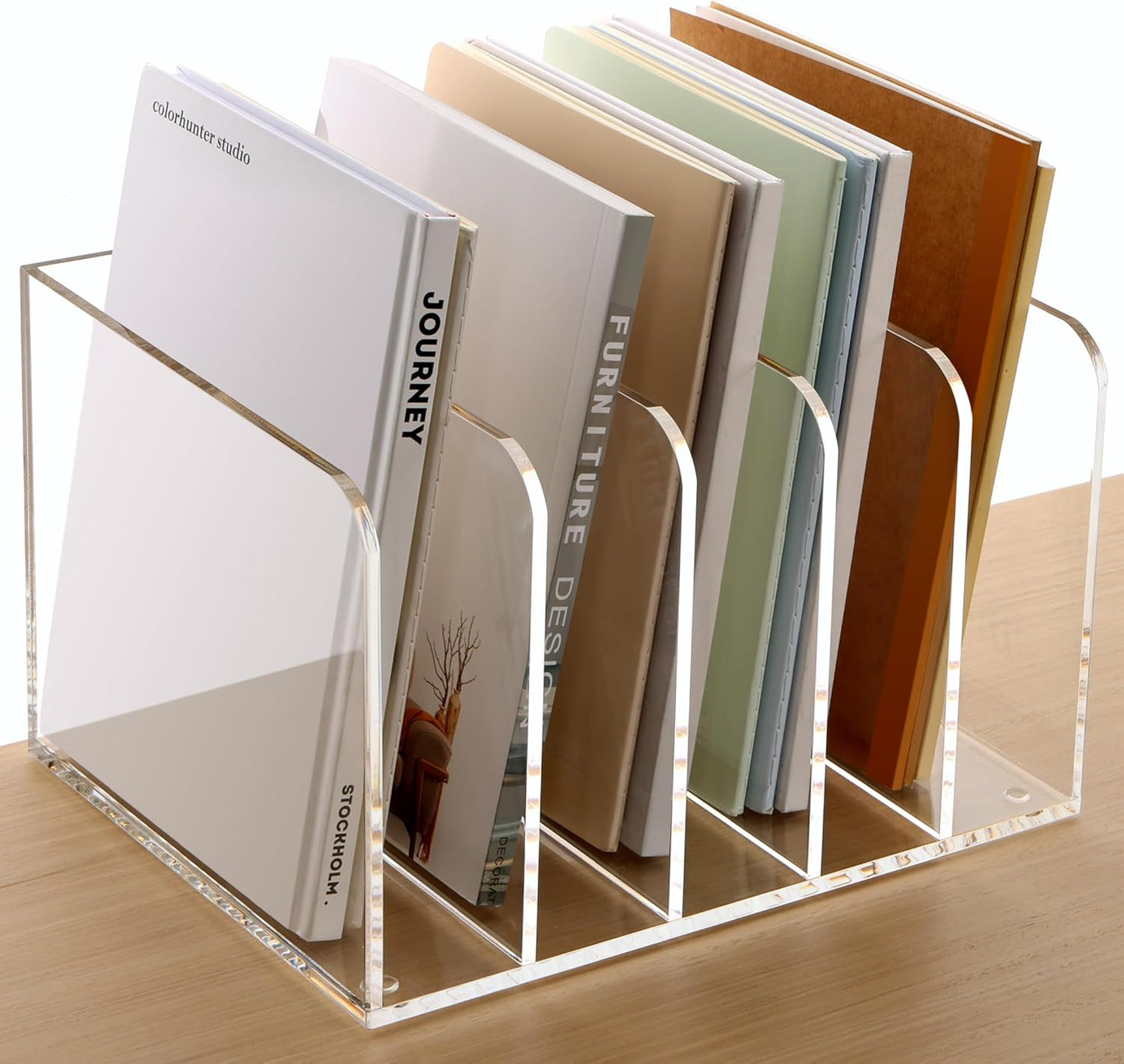 SANRUI Desk Organizer Clear Acrylic Desk Magazine File Holder with 3 Vertical Sections Magazine Rack File Organizer for Office, Home, School