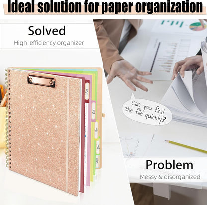 Grey Foldable Spiral Clipboard Folio with Storage Zipper Pouch, 5 Plastic Folders with Pockets,Refillable Lined Notepad (8.5" x 11"), Hardcover Project Organizer with 39 Stickers