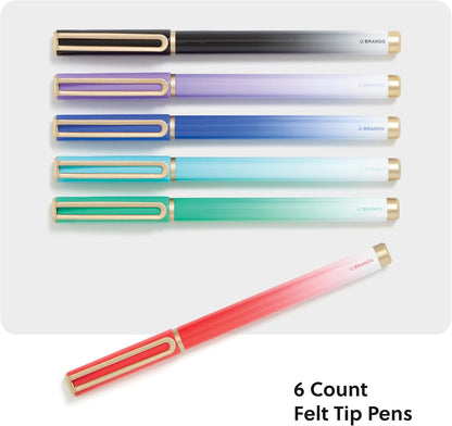 U Brands Catalina Felt Tip Pens, Set of 6 Black Ink Pens, Soft Touch Jewel Tones, Gold Details, Medium (0.7 mm) Point