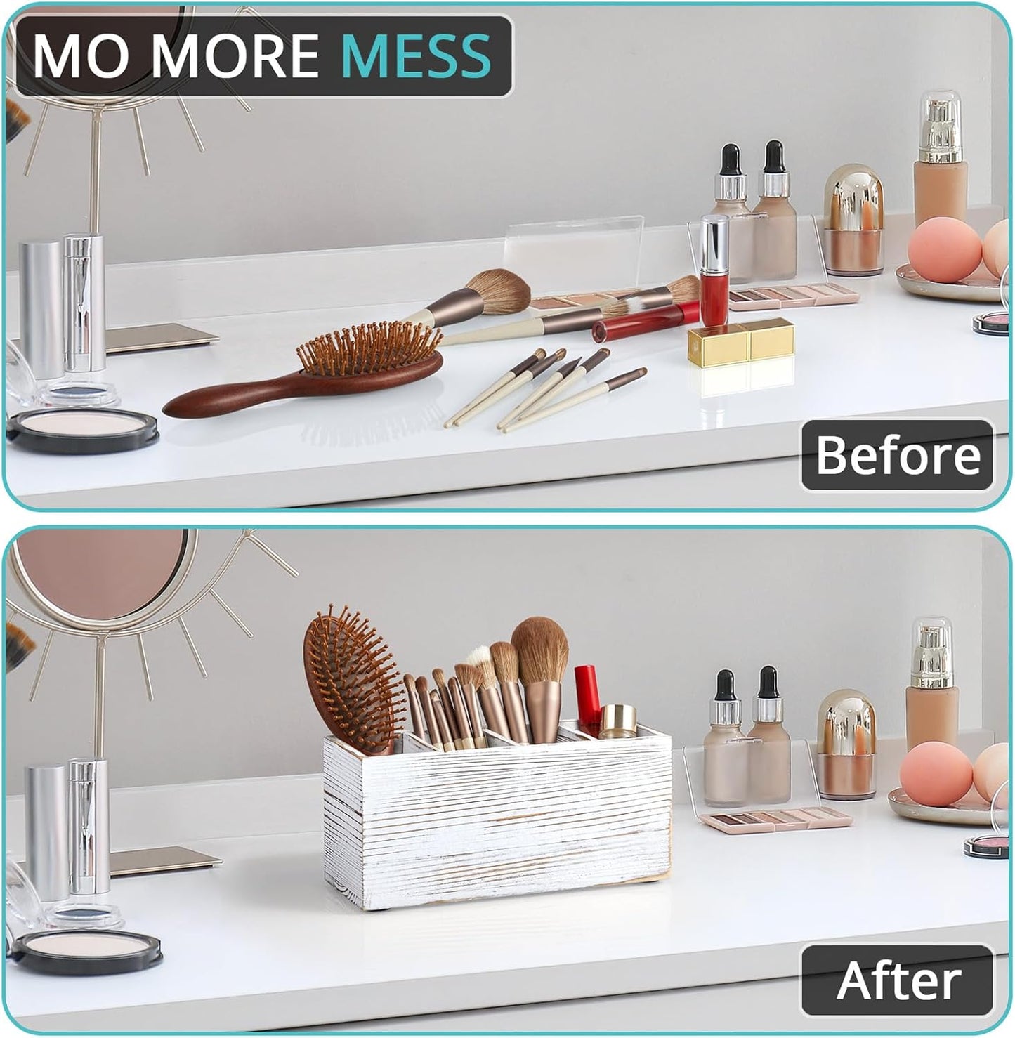 Bivvclaz Pencil Pen Holder for Desk, Wooden Office Desk Organizers and Accessories with 4 Slots for Countertop, Makeup Brush Holder Organizer for Bathroom Vanity, Silverware Caddy for Party, White