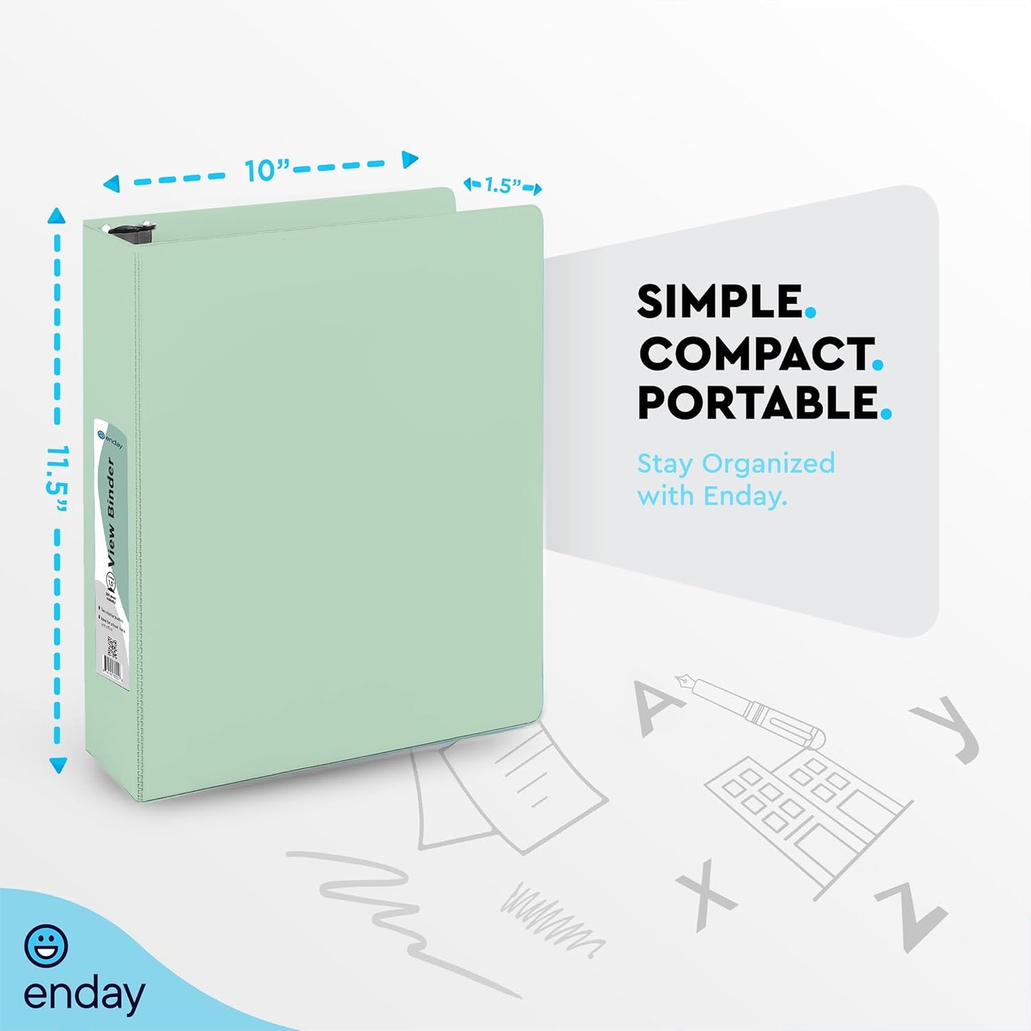 Enday 1.5 Inch Binder, Green - 1.5 Inch 3 Ring Binder, Round Ring Pastel with Clear View Cover for Letter Size 8.5 x 11'' Paper & 2 Inside Pockets, Ideal for School Supplies, Office, and Home