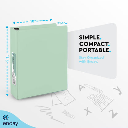 Enday 1.5 Inch Binder, Green - 1.5 Inch 3 Ring Binder, Round Ring Pastel with Clear View Cover for Letter Size 8.5 x 11'' Paper & 2 Inside Pockets, Ideal for School Supplies, Office, and Home