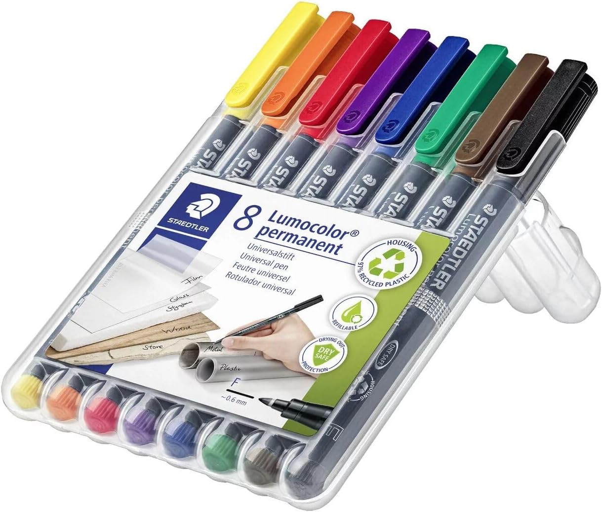 STAEDTLER Lumocolor Permanent Pen 317 Medium 1.0mm Line - Assorted Colours (Pack of 8) (317 WP8 ST), pack of 8