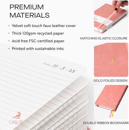 Oriole Vegan Leather Ruled Notebook - Chestnut Brown | 176 Pages of Thick Lined Paper | Soft Touch Hardcover Journal (5 x 8 in) with Gold Foil Bird Design & Luxury Gift Box
