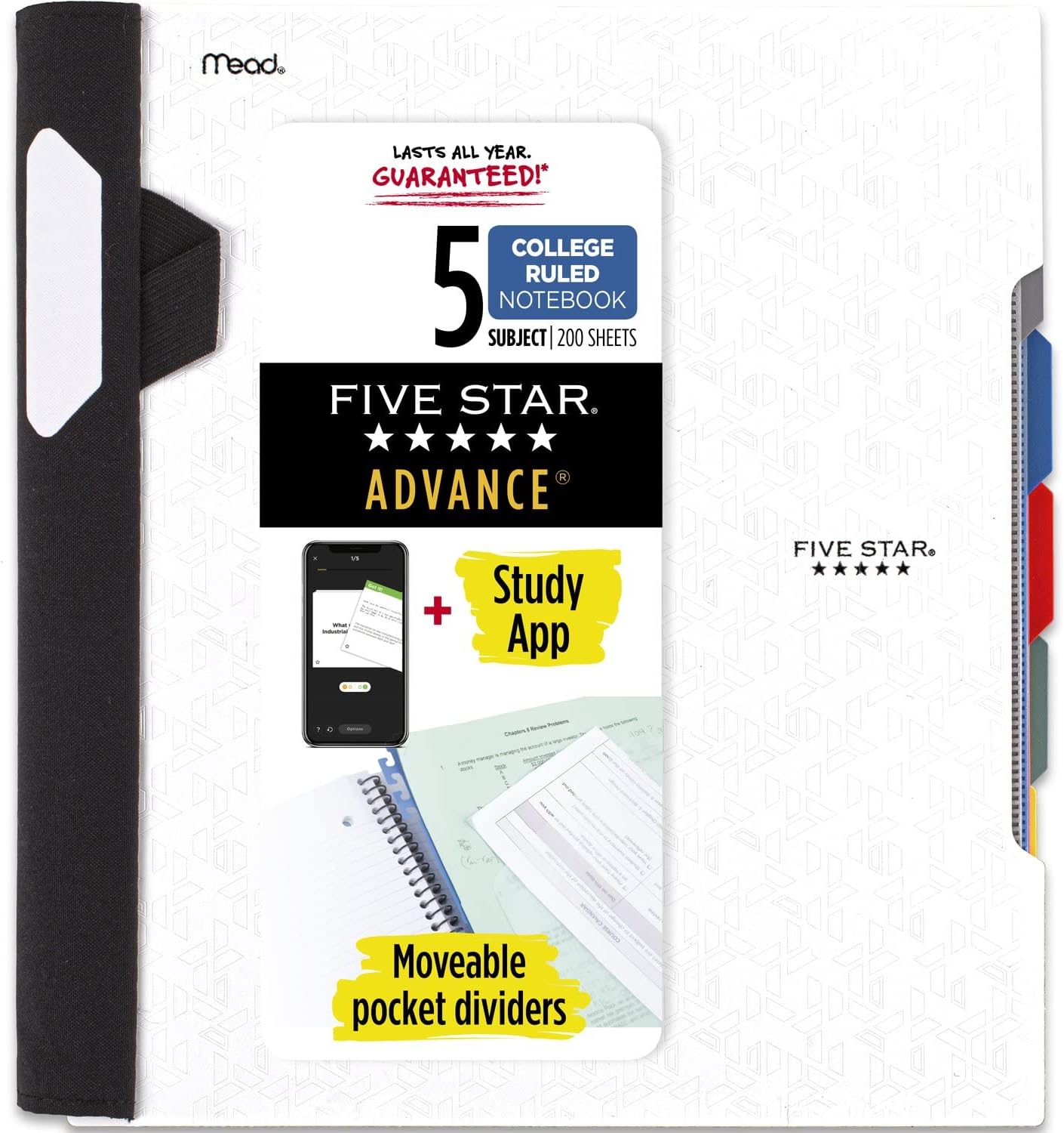 Five Star Advance Spiral Notebook + Study App, 5 Subject, College Ruled Paper, 8-1/2" x 11", 200 Sheets, Spiral Guard, Movable Tabbed Dividers, Black (73144)