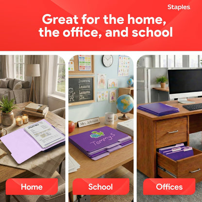 Staples File Folders, Letter Size, 1/3‑Cut Tabs, Purple, Durable 10.5‑Point Paper Stock, 100/Pack
