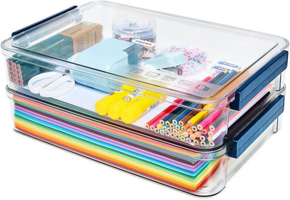 CATOOMUU 2 Pcs 5.5qt 9 x 13 Plastic Portable Project Case With Snap-Tight Latch Clear Stackable Storage Box With Lids Organizer Container For A4 File Photo Documents Scrapbook Craft Art Supplies