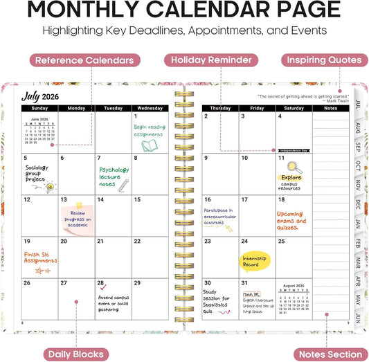 Planner 2026-2027, Academic Year Monthly and Weekly Calendar Planner, Jul 2026 - Jun 2027, Hardcover Teacher Student Planning Agenda book with Tabs, Perfect for School Office Supplies, 6.3" x 8.5" - Wildflowers