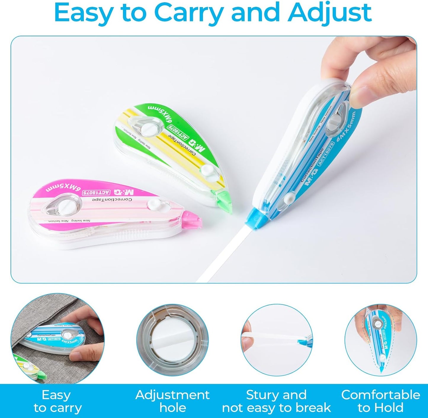 M&G White Correction Tape, Easy to use applicator for Instant Corrections, 39.37 Ft/Pack,for Office (6 Pack, 12M/472"x 0.2")