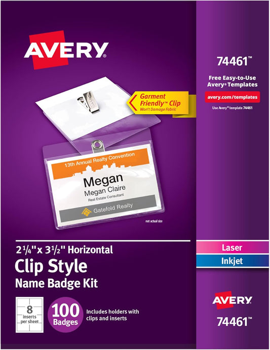 Avery Customizable Name Badges, Clip Style, 2.25" x 3.5", Clear Name Tag Holders, White Laser/Inkjet Printable Inserts, 100 Total (74461)