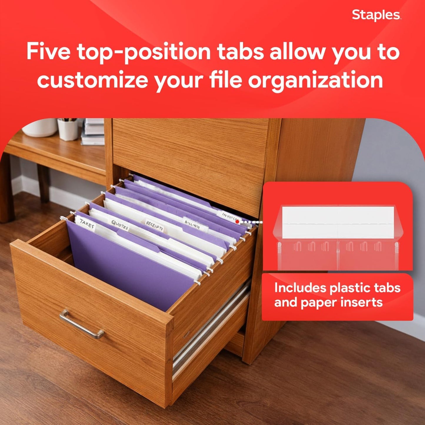 Staples Hanging File Folders, Letter Size, Blue, 5‑Tab, 1/5‑Cut Tabs, Includes Tabs & Inserts – 25/Pack