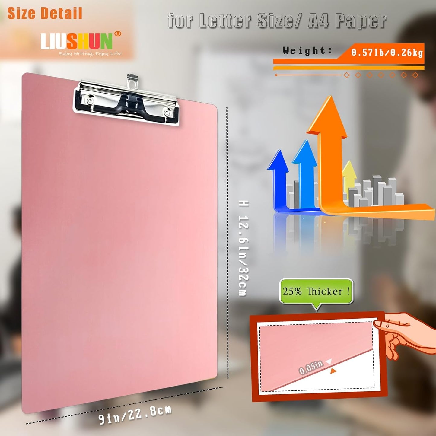 Aluminum Metal Clipboard Stainless Hangable Pen Holder Low-Profile Clip Board Size A4 9" x 12.6" with Sticky Note for School Office Business Medical Professionals Workshop Factory (Pink, Aluminum-A4)