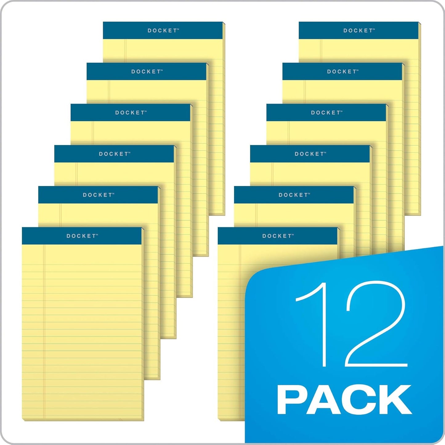 TOPS 5 x 8 Legal Pads, 12 Pack, Docket Brand, Narrow Ruled, Yellow Paper, 50 Sheets Per Writing Pad, Made in the USA (63350)