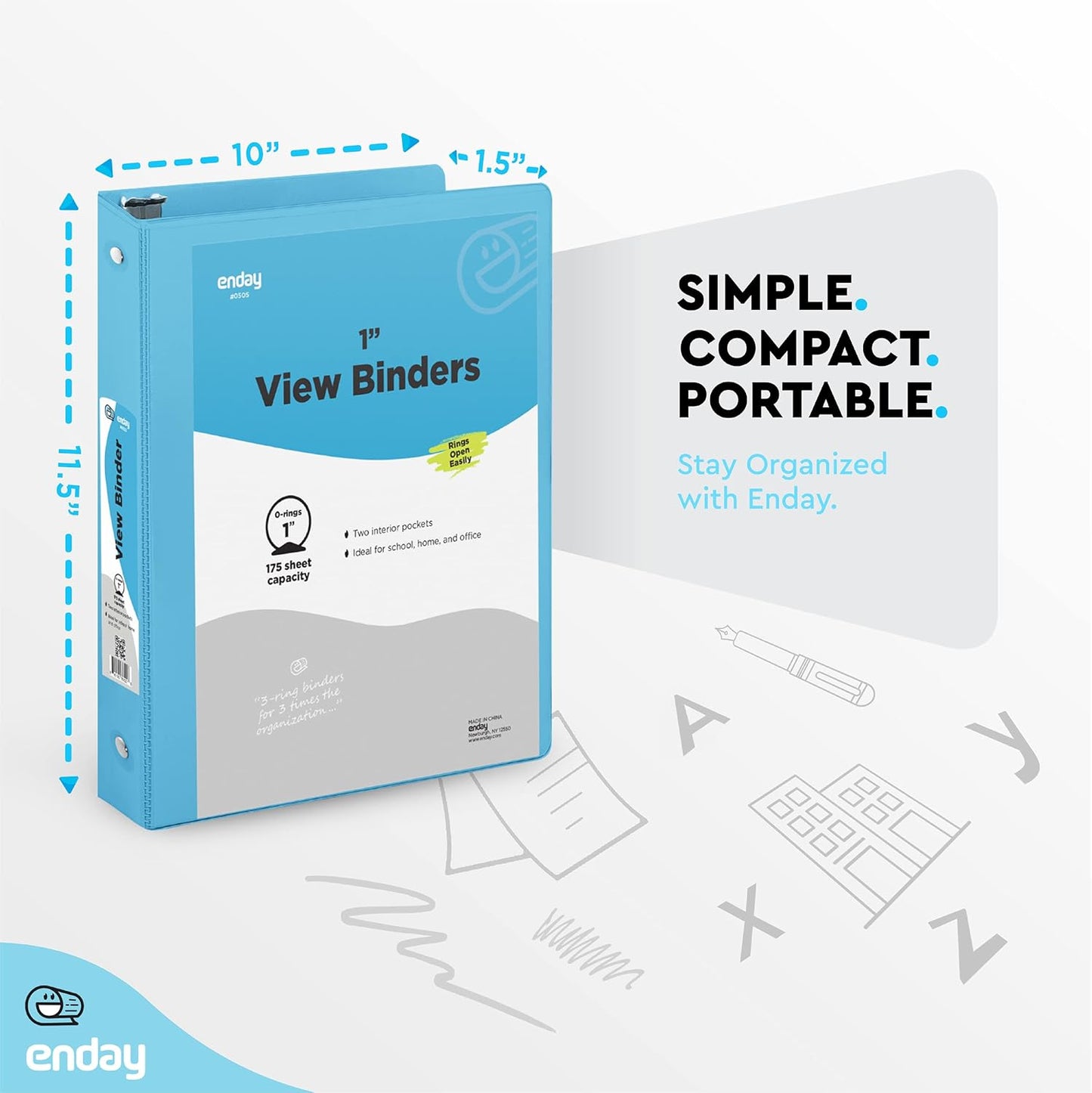 Enday 1 Inch Binder (6 Pack - Grey) 3 Ring Binder 1 inch with Clear View Cover and 2 Inside Pocket - for Letter Size 8.5 x 11'' Paper, Ideal for School Supplies, Office, and Home