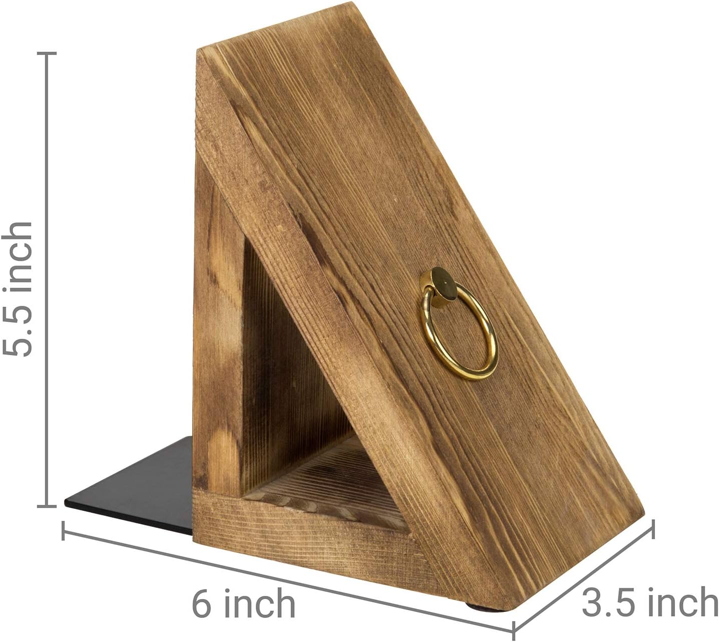 MyGift Brass Wood Decorative Bookends Triangular Design, Office Desk Wooden Book Ends, Book Stand for Shelves with Tone Ring Accent, Rustic Burnt
