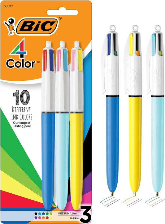 BIC 4-Color Original Retractable Ballpoint Pen with 1.0 mm Medium Point, 3-Count in Assorted Ink